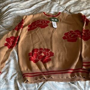 Women’s Tan Crewneck Sweater with Red Floral Motif - Unbranded